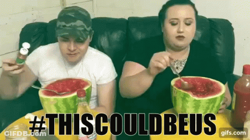 A Man And A Woman Are Sitting At A Table Eating Watermelon With #Thiscouldbeus Written On The Bottom GIF