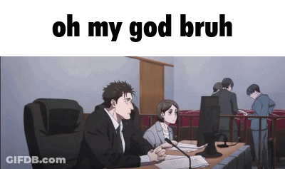 A Man And A Woman Are Sitting At A Table In A Courtroom With The Words Oh My God Bruh Above Them . GIF