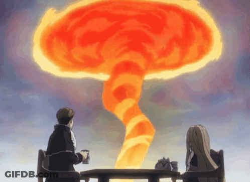 A Man And A Woman Are Sitting At A Table Watching A Tornado GIF