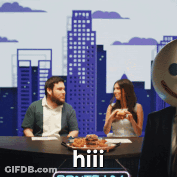 A Man And A Woman Are Sitting At A Table With A Plate Of Food That Says Hiii On It GIF