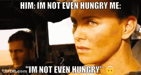 A Man And A Woman Are Sitting In A Car With A Caption That Says " Him : Im Not Even Hungry Me " GIF