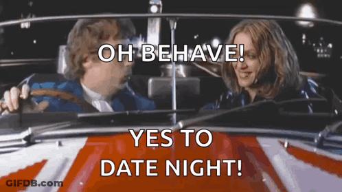 A Man And A Woman Are Sitting In A Car With The Words `` Oh Behave Yes To Date Night '' Written On The Screen . GIF