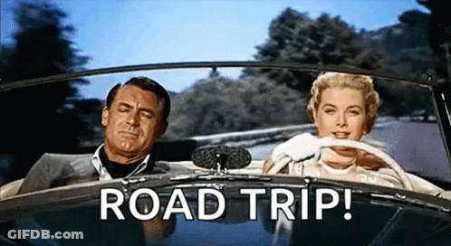 A Man And A Woman Are Sitting In A Car With The Words `` Road Trip '' Written On The Bottom . GIF