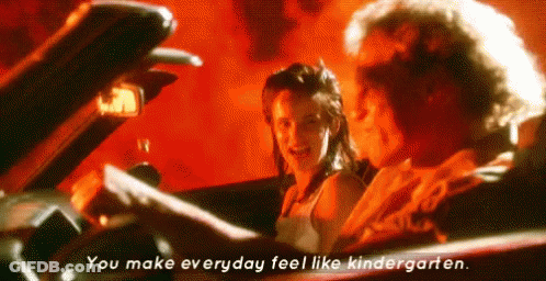 A Man And A Woman Are Sitting In A Car With The Words " You Make Everyday Feel Like Kindergarten " GIF