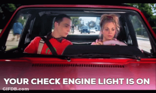 A Man And A Woman Are Sitting In A Car With The Words " Your Check Engine Light Is On " Below Them GIF