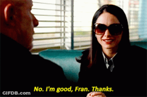 A Man And A Woman Are Sitting In A Diner And The Woman Says " No I 'M Good Fran Thanks " GIF