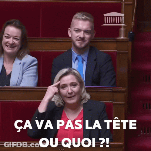A Man And A Woman Are Sitting In A Row With The Words Ca Va Pas La Tete Ou Quoi Written Above Them GIF