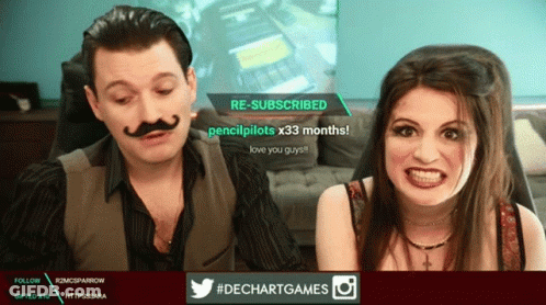 A Man And A Woman Are Sitting In Front Of A Screen That Says Re-Subscribed Pencil Pilots X33 Months GIF
