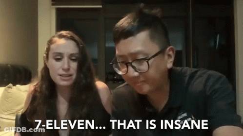 A Man And A Woman Are Sitting Next To Each Other And The Man Says 7 Eleven That Is Insane . GIF