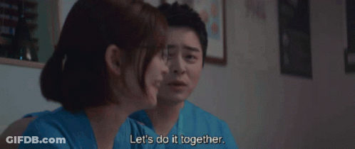 A Man And A Woman Are Sitting Next To Each Other And The Man Says Let 'S Do It Together GIF