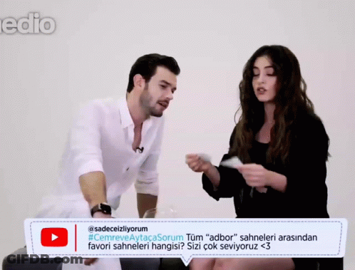 A Man And A Woman Are Sitting Next To Each Other With A Speech Bubble That Says @Sadeceizliyorum GIF