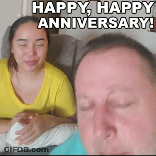 A Man And A Woman Are Sitting Next To Each Other With Their Eyes Closed And A Message That Says Happy Happy Anniversary GIF