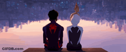 A Man And A Woman Are Sitting On A Bench Looking At The City Skyline GIF