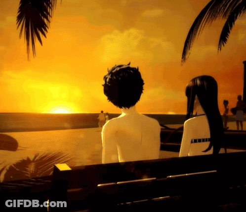 A Man And A Woman Are Sitting On A Bench Watching The Sunset GIF