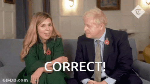 A Man And A Woman Are Sitting On A Couch With Correct Written On The Screen GIF