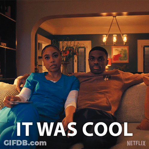 A Man And A Woman Are Sitting On A Couch With The Words It Was Cool On The Bottom GIF