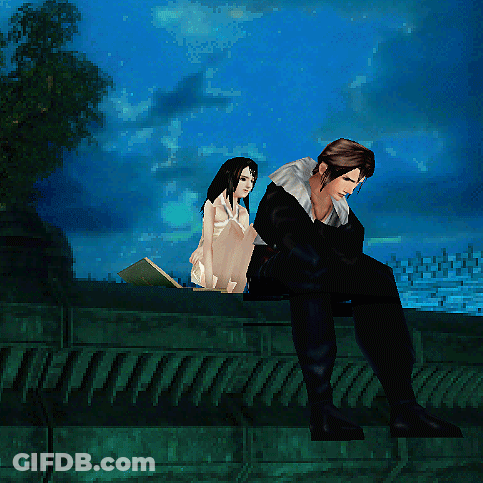A Man And A Woman Are Sitting On A Green Ledge GIF