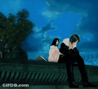 A Man And A Woman Are Sitting On A Ledge GIF