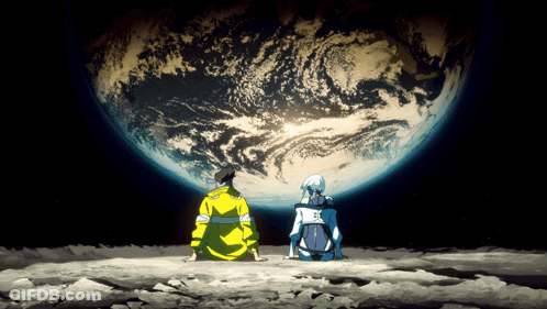 A Man And A Woman Are Sitting On The Moon Looking At The Earth GIF