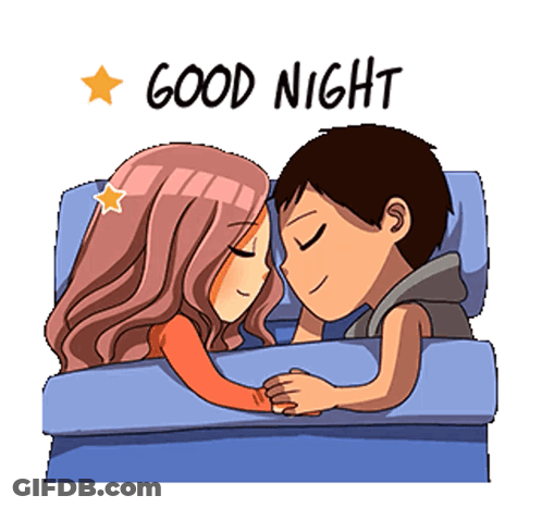 A Man And A Woman Are Sleeping In A Bed And The Words Good Night Are Above Them GIF