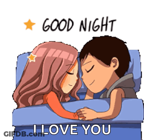 A Man And A Woman Are Sleeping In A Bed With The Words Good Night I Love You Above Them GIF