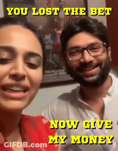 A Man And A Woman Are Smiling With The Words You Lost The Bet Now Give My Money GIF