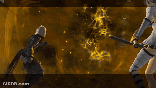 A Man And A Woman Are Standing In A Dark Room With A Chandelier In The Background GIF