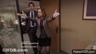 A Man And A Woman Are Standing In A Doorway With Their Arms Outstretched In Front Of A Makeagif.com Logo GIF