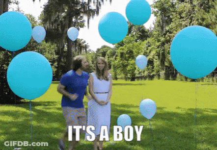 A Man And A Woman Are Standing In A Field With Balloons And The Words It 'S A Boy GIF