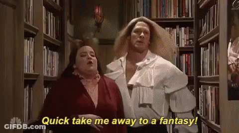 A Man And A Woman Are Standing In A Library And The Man Is Saying `` Quick Take Me Away To A Fantasy '' GIF