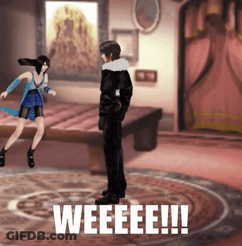 A Man And A Woman Are Standing In A Room With The Words Weeeee Written In White GIF