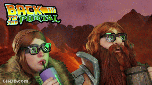 A Man And A Woman Are Standing In Front Of A Back To Portal Sign GIF