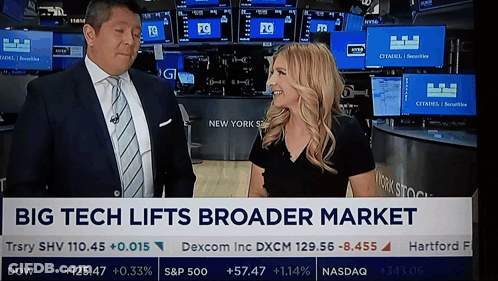 A Man And A Woman Are Standing In Front Of A Big Tech Lifts Broader Market Banner GIF