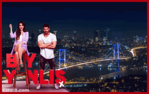 A Man And A Woman Are Standing In Front Of A Bridge With The Word Buy On The Bottom GIF