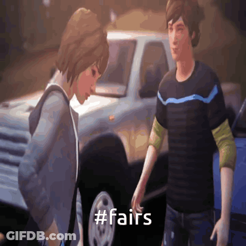A Man And A Woman Are Standing In Front Of A Car With The Hashtag #Fairs On The Screen GIF