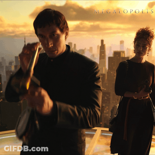 A Man And A Woman Are Standing In Front Of A City And The Word Megalopolis Is On The Bottom GIF