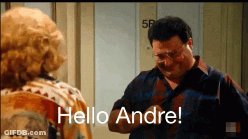 A Man And A Woman Are Standing In Front Of A Door And The Man Says Hello Andre GIF