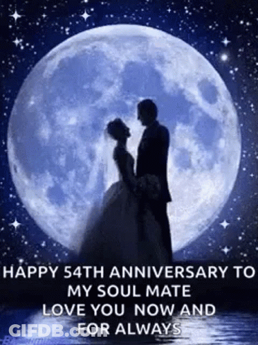 A Man And A Woman Are Standing In Front Of A Full Moon . GIF