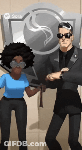 A Man And A Woman Are Standing In Front Of A Sign That Has Sora On It GIF