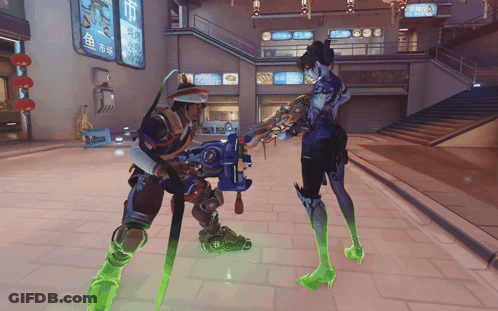 A Man And A Woman Are Standing In Front Of A Sign That Says ' Chinese Food ' On It GIF
