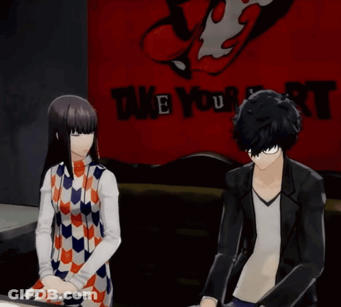 A Man And A Woman Are Standing In Front Of A Sign That Says " Take Your Heart " GIF
