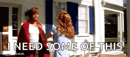 A Man And A Woman Are Standing In Front Of A White House And The Woman Is Saying `` I Need Some Of This '' . GIF