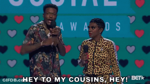 A Man And A Woman Are Standing In Front Of Microphones And Saying " Hey To My Cousins Hey " GIF