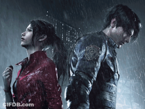 A Man And A Woman Are Standing In The Rain And The Man Has A Patch On His Jacket That Says S.t.p.d GIF