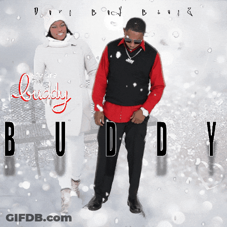 A Man And A Woman Are Standing In The Snow On The Cover Of A Buddy Album GIF