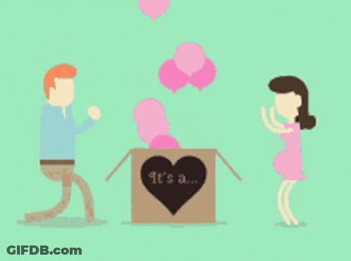 A Man And A Woman Are Standing Next To A Box That Says It 'S A Boy GIF