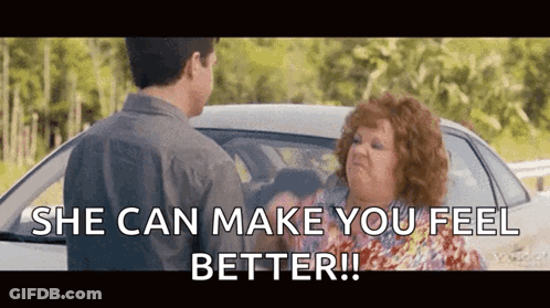A Man And A Woman Are Standing Next To A Car And The Woman Says She Can Make You Feel Better GIF