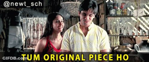 A Man And A Woman Are Standing Next To Each Other And The Caption Says Tum Original Piece Ho GIF