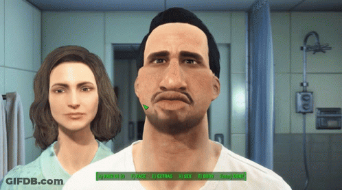 A Man And A Woman Are Standing Next To Each Other And The Man Has A Mustache And The Woman Has A Beard GIF