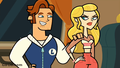 A Man And A Woman Are Standing Next To Each Other And The Man Has The Letter L On His Shirt GIF